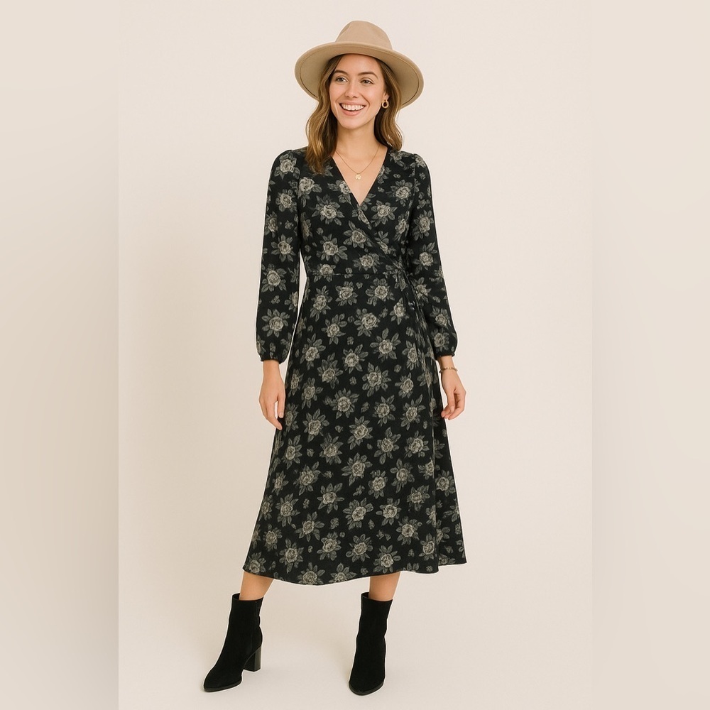 Dress Forum Black Printed Cross Wrapped Long Sleeve Midi Dress Size Small